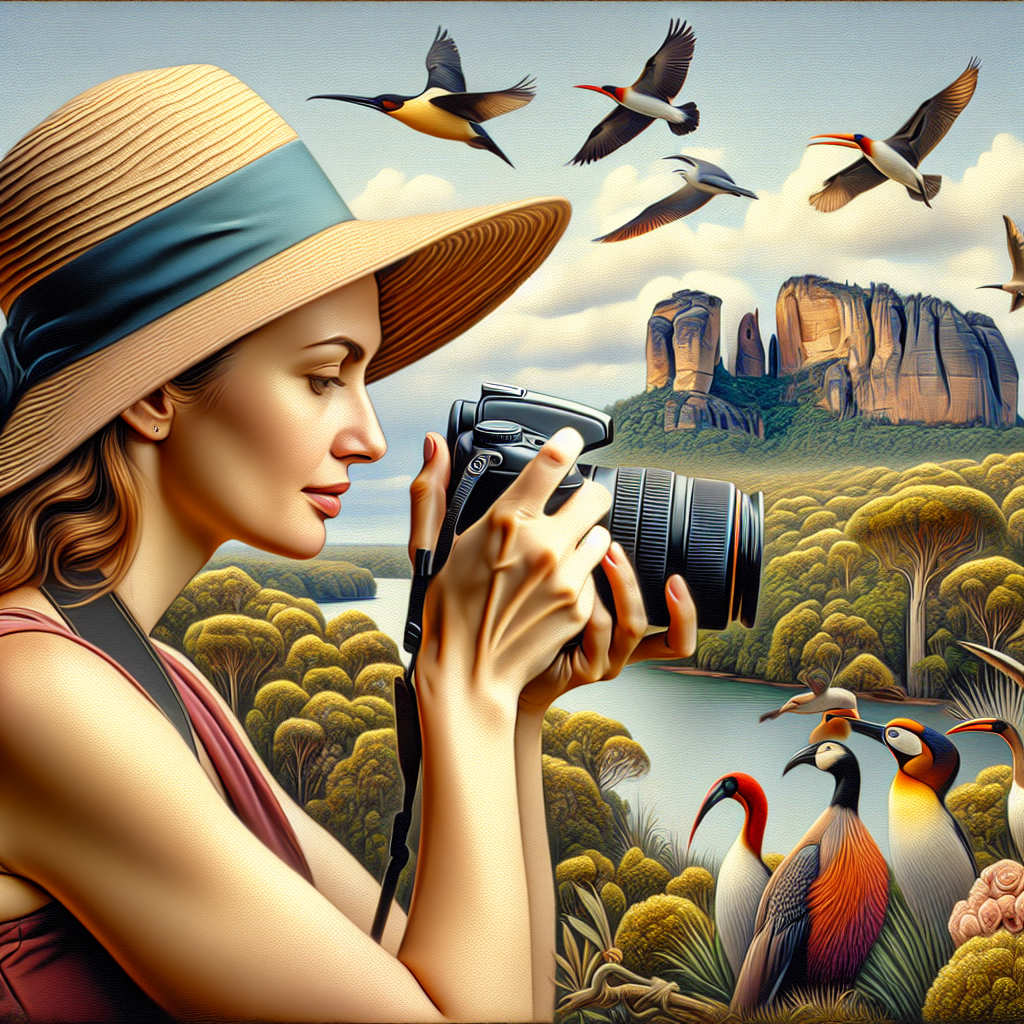 A realistic portrait of a fit healthy woman taking photos of birds in the Royal national park in Australia